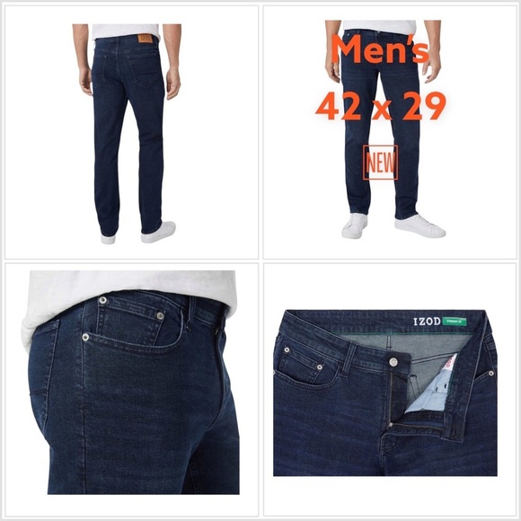 Men's IZOD Jeans 42 x 29 Pants Dark Blue Relaxed Straight Stretch Denim NWT - Picture 1 of 8